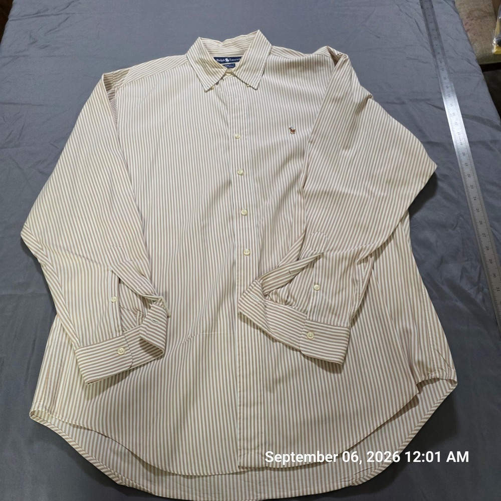 Ralph Lauren Yarmouth Mens 16.5 35 Tan White Striped Cotton Button Down Shirt